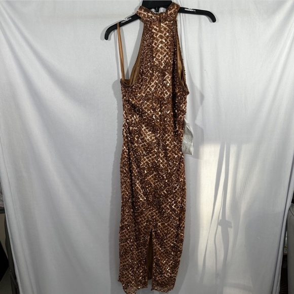 NEW $398 Mac‎ Duggal [ 10 ] Sequin Plaid Halter Neck Cocktail Dress Copper - Picture 11 of 15